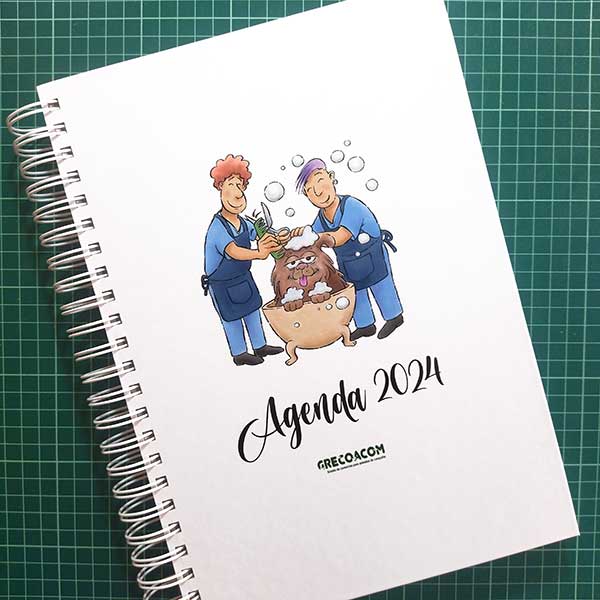 Agenda A4 página diaria (328 páginas). Encuadernación wire-o y tapa dura color, interior negro.