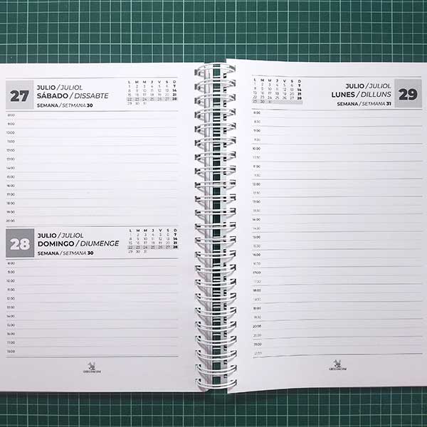 Agenda A4 página diaria (328 páginas). Encuadernación wire-o y tapa dura color, interior negro.